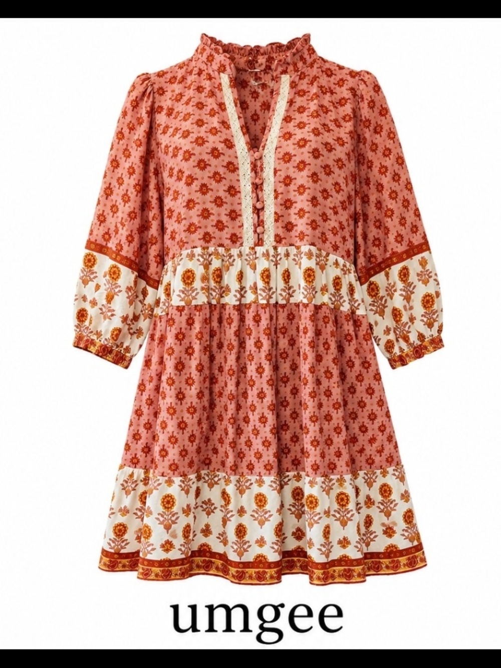 Umgee Rose Pink & Cream Floral Boho Tiered Long Sleeve Dress